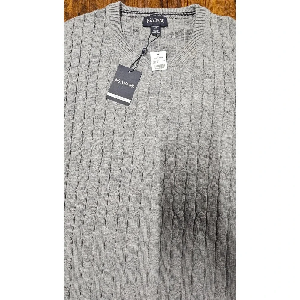 Jos A Bank Tailored Fit Sweater Mens 2XL Gray Cable Knit Crewneck Pullover NWT‎